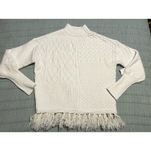NWT Frye And Co Super Soft White Chunky Cable Knit Turtleneck Fringe Sweater XS